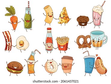 Perfect couples set. Happy funny meals and drinks holding by hands and having fun together cartoon vector illustration