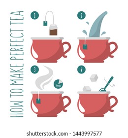 Perfect cup of tea instruction. Hot drink made of water and teabag. Tasty beverage preparation vector illustration. Stiring sugar with spoon