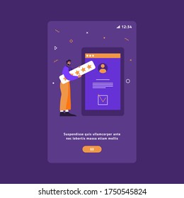 Perfect customer satisfaction vector illustration. The best score of performance, the score of five points. Man leaves 5 stars feedback and comments