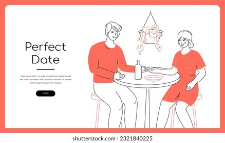 Perfect date - modern line design style isometric illustration on white background and text copy space. Composition with guy and a girl sitting at a table in restaurant. Joint dinner, romance and love