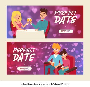 Perfect date set of banners vector illustration. People sitting in restaurant and drinking champagne. Cople drinking soda in 3d glasses in cinema. Watching films. Eating out.