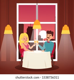 Perfect dating banner vector illustration. People sitting in restaurant and drinking champagne. Eating out. Window with city sunset view. Elegant couple at table. Woman and man in evening clothing.