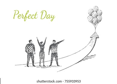 Perfect day. Men and a woman stand on the big arrow. Balloons raise the arrow up. Vector illustration,  business concept hand drawn sketch.