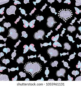 Perfect design element for wallpaper, textile, wedding invitation. Festive love background. Happy Valentine':s Day. Black, white. Seamless pattern Beautiful handdrawn seamless with hearts. Vector.