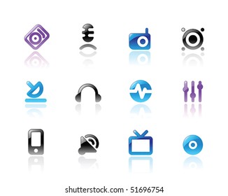 Perfect designer vector icons for media and sound. Main shape, highlights and reflection are in separate layers.