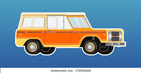 Perfect detalization yellow isometric offroad car with transparent windows vector illustration in flat isometric style on blue gradient background with white stroke. Banner and icons illustration.