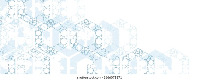 Perfeito para banners digitais, cartazes, folhetos, capas e projetos de design visual. Grade hexagonal azul com elementos de laço círculo caótico. Fundo de malha vetorial abstrato com ornamento geométrico. 