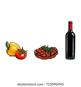 Perfect dinner components - beef steak, vegetables and red wine bottle, sketch vector illustration on white background. Realistic hand drawing of grilled, roaster beef steak, vegetables and red wine