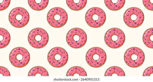 Perfect Donut seamless Trellis vector illustration. Sweet Donut with pink glaze seamless pattern. Wrapping paper wallpaper cover print EPS 10