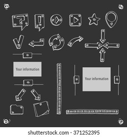 Perfect doodle elements for business presentation, education and web-design. Grouped. Flowchart. Connected hand draw icons. Sketch. Doodle illustration. Pictogram set. Screw. Bolt. Black background.