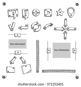 Perfect doodle elements for business presentation, education and web-design. Grouped. Flowchart. Connected hand draw icons. Sketch. Doodle illustration. Pictogram set. Screw. Bolt. White background.