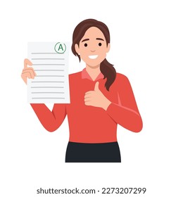 Perfect education marks success concept. Smiling happy girl cartoon character standing holding document test in school or university with perfect excellent mark. 