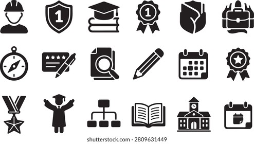 perfect for educational designs, classroom materials, and office projects. This black-and-white line art collection includes pencils, pens, erasers, pencil sharpeners, rulers, scissors, glue sticks, ink bottles, paint palettes, paintbrushes, notebooks, paperclips, pushpins, folders, calculators, compasses, protractors, staplers, books, backpacks, graduation caps, diplomas, medals, school buildings, sports balls