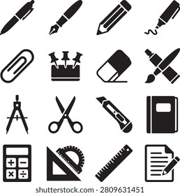 perfect for educational designs, classroom materials, and office projects. This black-and-white line art collection includes pencils, pens, erasers, pencil sharpeners, rulers, scissors, glue sticks, ink bottles, paint palettes, paintbrushes, notebooks, paperclips, pushpins, folders, calculators, compasses, protractors, staplers, books, backpacks, graduation caps, diplomas, medals, school buildings, sports balls