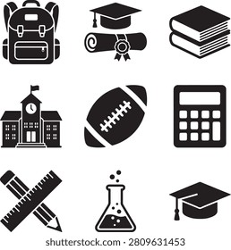 perfect for educational designs, classroom materials, and office projects. This black-and-white line art collection includes pencils, pens, erasers, pencil sharpeners, rulers, scissors, glue sticks, ink bottles, paint palettes, paintbrushes, notebooks, paperclips, pushpins, folders, calculators, compasses, protractors, staplers, books, backpacks, graduation caps, diplomas, medals, school buildings, sports balls