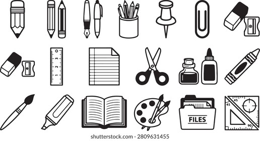 perfect for educational designs, classroom materials, and office projects. This black-and-white line art collection includes pencils, pens, erasers, pencil sharpeners, rulers, scissors, glue sticks, ink bottles, paint palettes, paintbrushes, notebooks, paperclips, pushpins, folders, calculators, compasses, protractors, staplers, books, backpacks, graduation caps, diplomas, medals, school buildings, sports balls