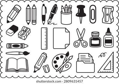 perfect for educational designs, classroom materials, and office projects. This black-and-white line art collection includes pencils, pens, erasers, pencil sharpeners, rulers, scissors, glue sticks, ink bottles, paint palettes, paintbrushes, notebooks, paperclips, pushpins, folders, calculators, compasses, protractors, staplers, books, backpacks, graduation caps, diplomas, medals, school buildings, sports balls