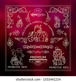 Perfect elements for Halloween holiday, 31 October design! Vector collection of collection of signs, symbols, corners for frames, squares, dividers, arrows. New arts in each set