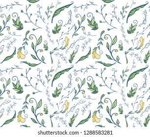 Perfect endless floral pattern background, texture pattern doodling. Lots of symbols, objects and elements. Easy to use, all items are separated. Vector illustration of green, yellow, blue.