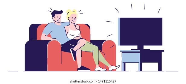 Perfect evening relax flat vector illustration. Boyfriend hugging girlfriend, watching movie. Young married couple sitting on sofa isolated cartoon characters with outline elements on white background