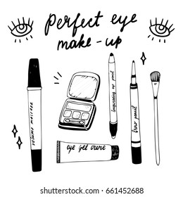 Perfect eye make up hand drawn vector objects set in trendy and cute style