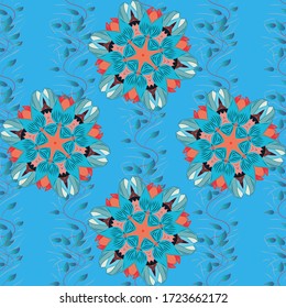 Perfect for fabric, wallpaper or giftwrap. Vector palm and diverse leaves on neutral, orange and blue background. Hand drawn seamless.