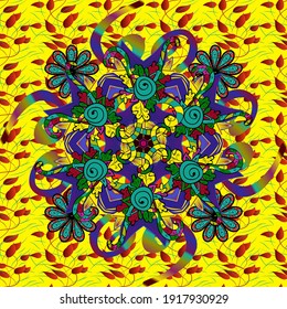 Perfect for fabric, wallpaper or giftwrap. Vector palm and diverse leaves on yellow, green and red background. Hand drawn seamless.