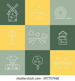 Perfect farming icons with different agricultural and eco product harvesting design elements. Modern linear icon set.
