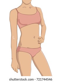 Perfect female body, slim and well fit. Woman standing in underwear. Closeup picture of torso, arms, chest, waist and thighs, front view. Contour vector illustration weight loss and fitness concept.