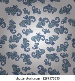 Perfect Feminine Pattern. Repeated texture with cartoon characters. Seamless with underwater animals: seahorse. Hand-drawn illustration. Vector. Illustration on white, neutral and blue colors.