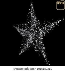 Perfect five pointed silver star isolated on black. Stars confetti background.