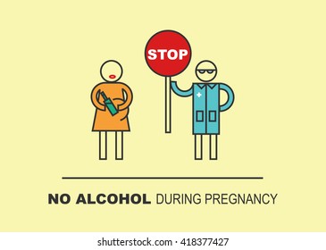 Perfect flat design illustration about alcohol during pregnancy. It will be useful for web, social nets, print, banner, flyer, advertising and other. Flat design pregnant woman with bottle and doctor