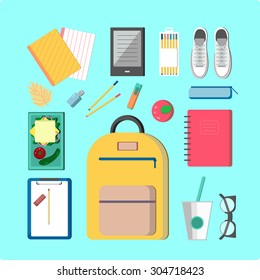 Perfect flat design illustration of school topic.Back to school with backpack, lunch-box, notebooks, pens, pencil,apple, reader, tumbler, vogue glasses.Outfits ready for web, infographic