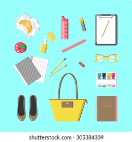 Perfect flat design illustration of school topic. School bag,flats, nail polish, lunch, notebooks,croissant, tumbler, vogue bottle. Outfits for school, ready for web, infographic or at you will.