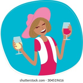 Perfect flat design illustration of wine topic.Happy girl with tasty wine for your needs, web, banners, infographic, pack and other