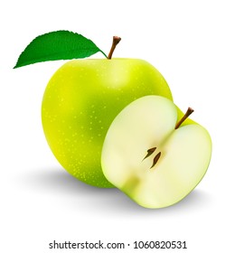 Perfect Fresh Green Apple, full and half Isolated on White Background , vector illustration
