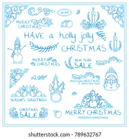 Perfect frozen elements for Winter Holidays design! Vector collection of signs, symbols, corners, squares, dividers and more with lovely Christmas illustrations. New arts in each set