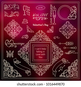 Perfect full of love elements for 14 february, Valentine's day holiday! Vector collection of signs, symbols, corners for frames, squares, dividers, arrows. New arts in each set