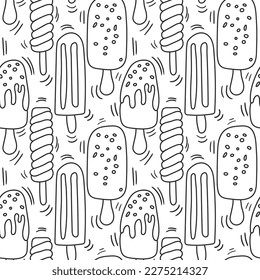 Perfect funny vector background. Seamless ice cream pattern on a white background. Background illustration with ice cream doodles. Assorted ice cream for printing, adding, greeting cards and textiles