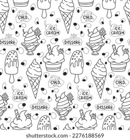 Perfect funny vector background. Seamless ice cream pattern on a white background. Background illustration with ice cream doodles. Assorted ice cream for printing, adding, greeting cards and textiles.