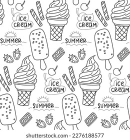 Perfect funny vector background. Seamless ice cream pattern on a white background. Background illustration with ice cream doodles. Assorted ice cream for printing, adding, greeting cards and textiles.