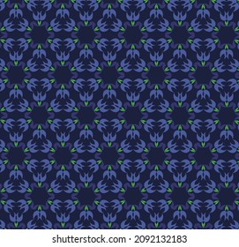 Patrón de síntesis de flores geométricas perfecto con colores azul, violeta y verde natural
