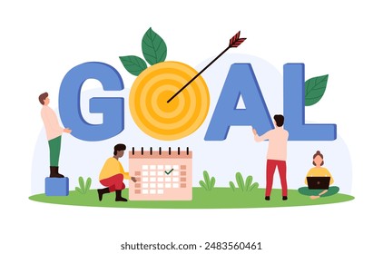 Perfect goal achievement, mission success and focus on business challenge to win. Tiny people holding letters of Goal word together with target and arrow to bullseye cartoon vector illustration