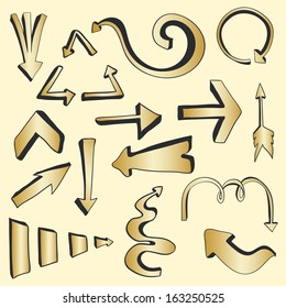 Perfect gold arrows with strong shadow set. Beautiful design element for your site. Fully editable arrows drawn in vector by hand. 