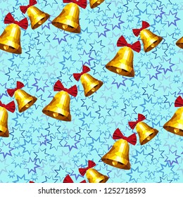 Perfect Golden Christmas bells on the polygonal style. Jingle bells with red bow on the light-blue editable background. Vector Jingle bells texture
