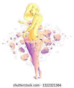 Perfect Golden girl emerges from a stone statue of a fat woman. Fragments from the crumbling statue scatter in different directions. The concept of weight loss, fitness, healthy lifestyle, liposuction