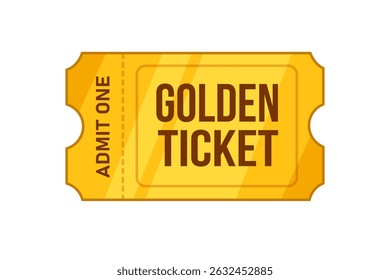 Perfect Golden Ticket. Vector golden ticket in retro game style. Bonus or discount gold ticket on whithe backgound. Present coupon. Cinema, theater, concert, game, party. Editable template