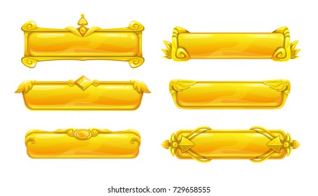 Perfect golden title banners in fantasy medieval style. Isolated long glossy buttons on white background. Vector decorative assets set for web or game design.