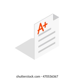 Perfect grade on a paper test icon in isometric 3d style on a white background