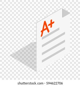 Perfect grade on a paper test icon. Isometric 3d illustration of perfect grade on a paper test vector icon on a transparent background for any web design